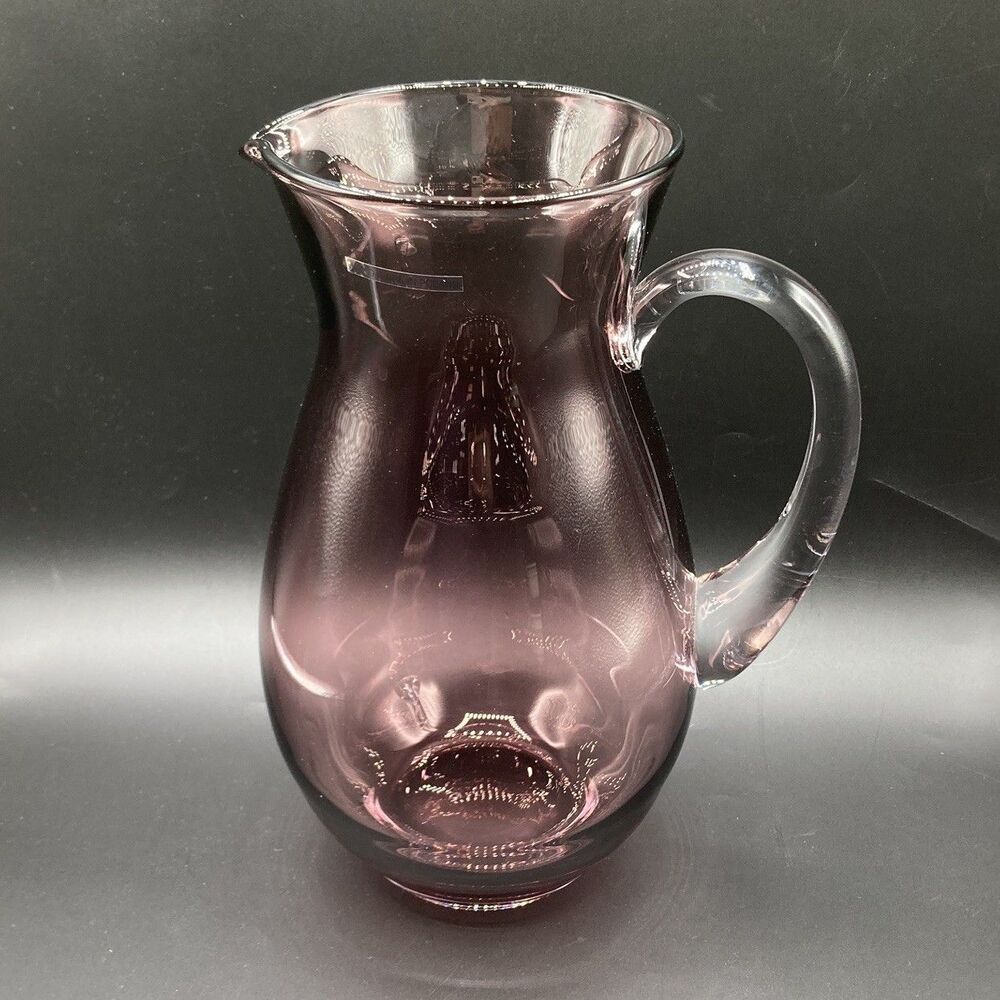 Hand Blown Glass Pitcher Poland Amethyst Purple Clear Applied Handle 96oz